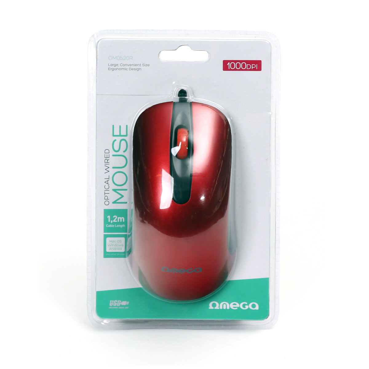 Mouse USB, Omega 45268 OM-520, cu cablu 1.2 m, 3 butoane, 1000 dpi, rosu cu negru [2]