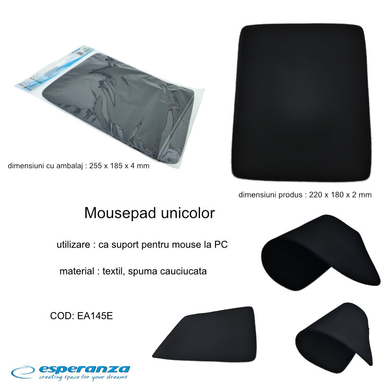 Mousepad unicolor, Esperanza 90842, dimensiuni 220 x 180 x 2 mm, negru [6]