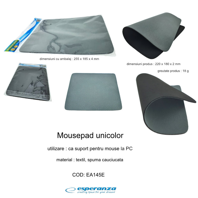 Mousepad unicolor, Esperanza 90845, dimensiuni 220 x 180 x 2 mm, gri [13]