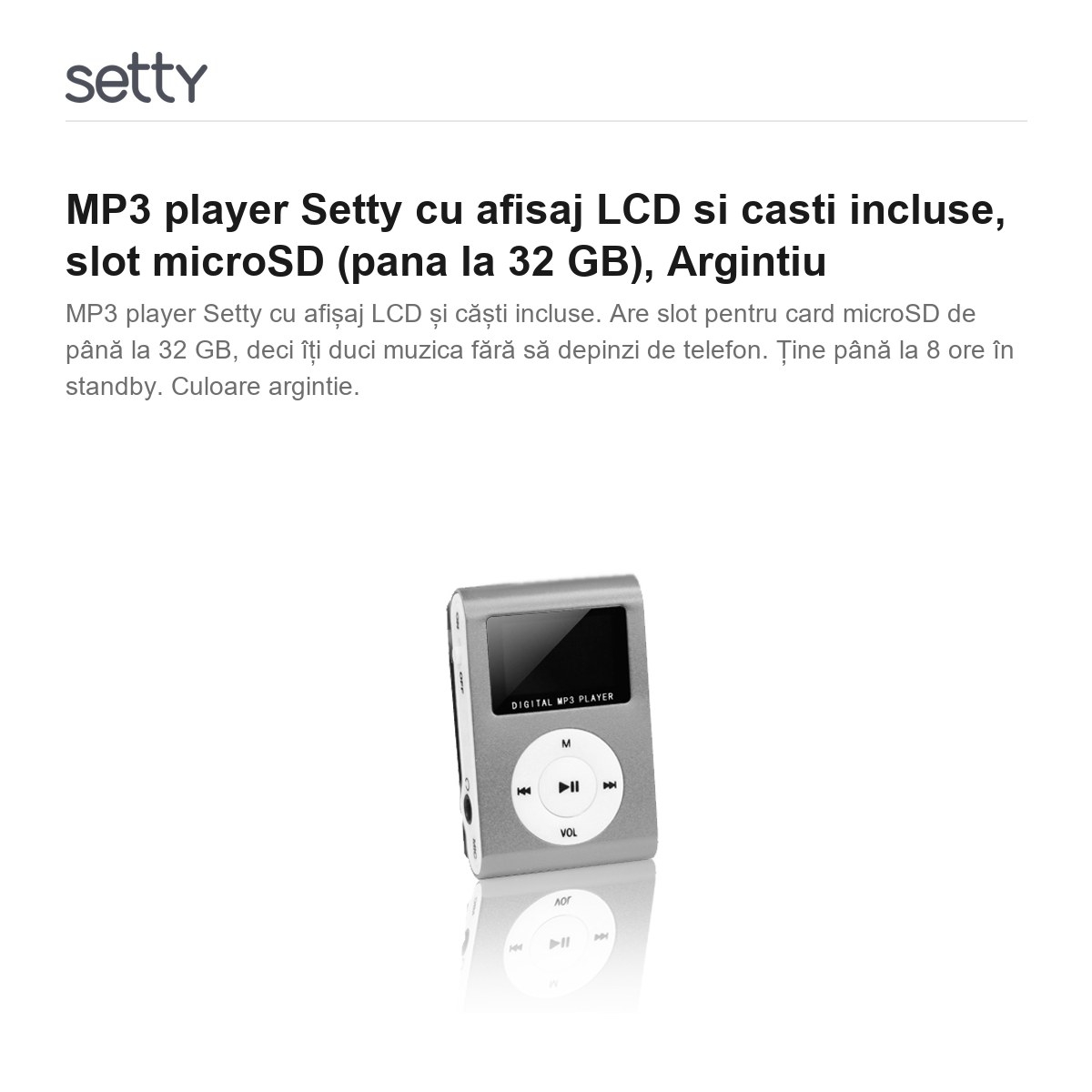 MP3 player Setty cu afisaj LCD si casti incluse, slot microSD (pana la 32 GB), Argintiu [2]