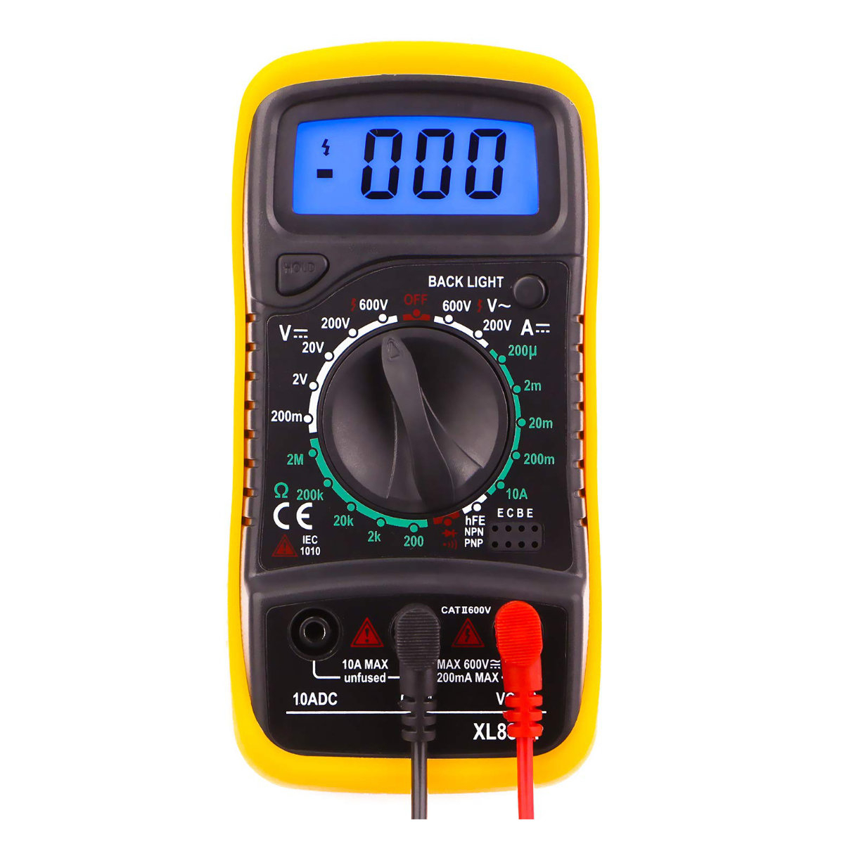 Multimetru digital XL830L, picior sustinere, DC/AC, Tranzistor, OHM, Diode test, Data hold, negru-galben [1]