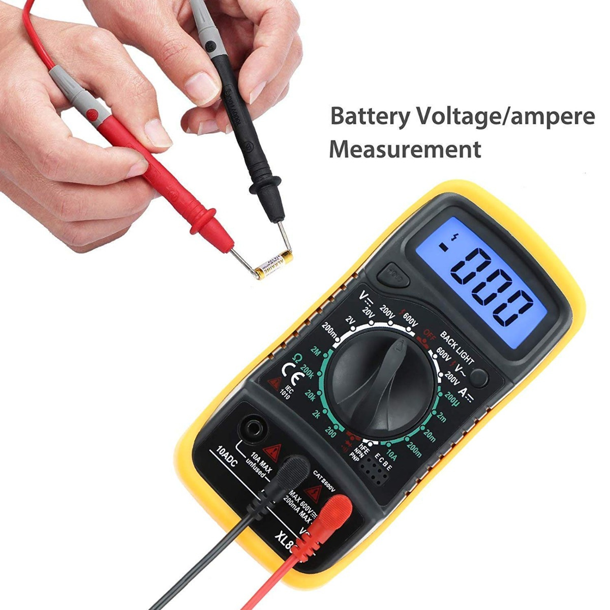 Multimetru digital XL830L, picior sustinere, DC/AC, Tranzistor, OHM, Diode test, Data hold, negru-galben [5]