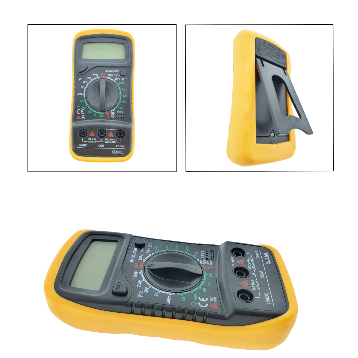 Multimetru digital XL830L, picior sustinere, DC/AC, Tranzistor, OHM, Diode test, Data hold, negru-galben [3]