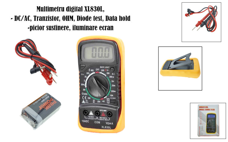 Multimetru digital XL830L, picior sustinere, DC/AC, Tranzistor, OHM, Diode test, Data hold, negru-galben [6]