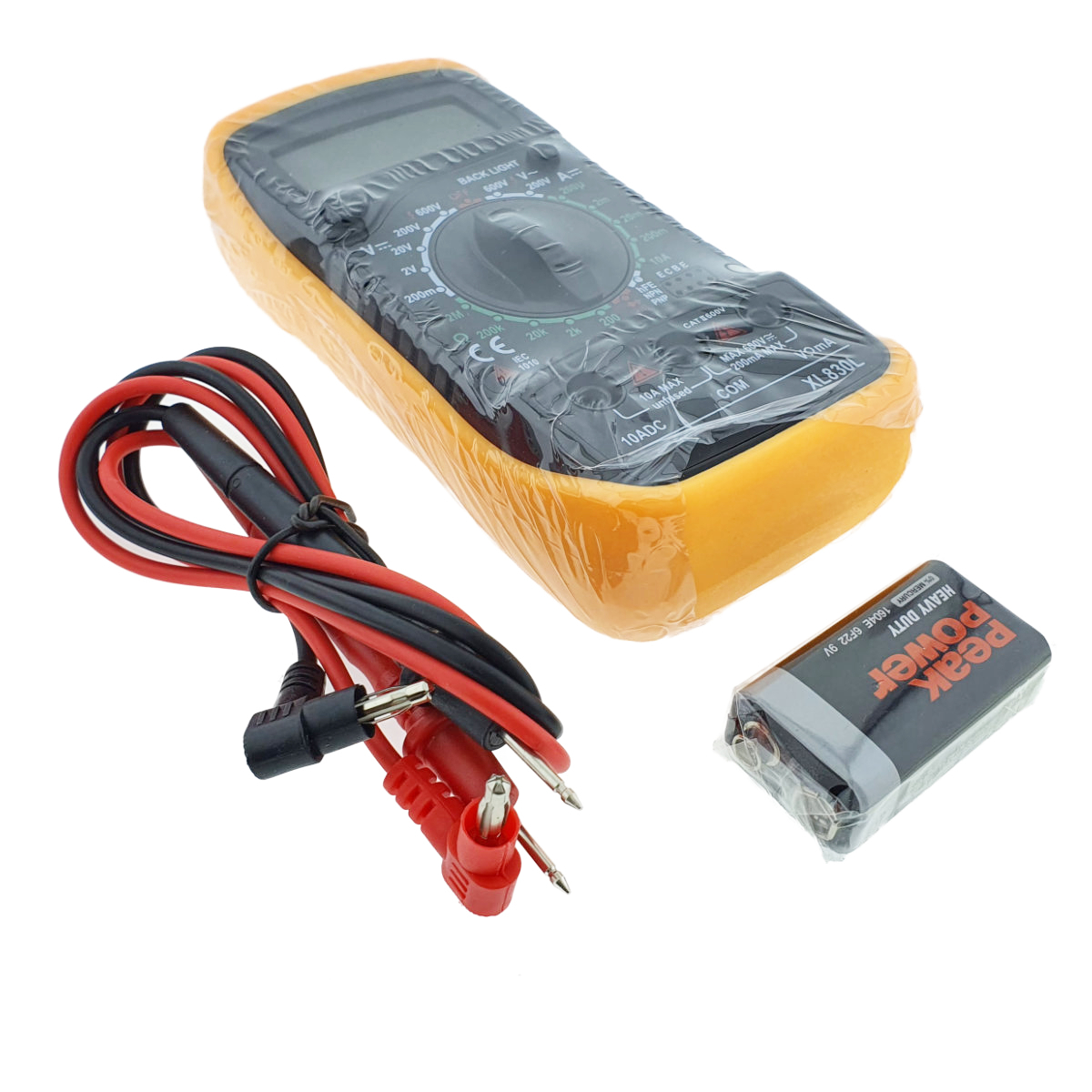 Multimetru digital XL830L, picior sustinere, DC/AC, Tranzistor, OHM, Diode test, Data hold, negru-galben [2]