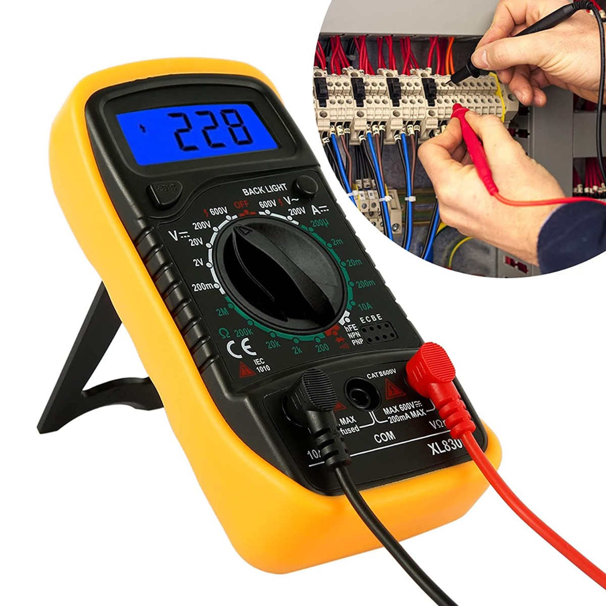 Multimetru digital XL830L, picior sustinere, DC/AC, Tranzistor, OHM, Diode test, Data hold, negru-galben [4]