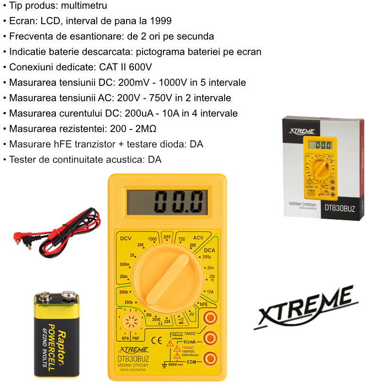 Multimetru digital Xtreme DT830BUZ 00444, DC 200mV-1000V, AC 200V-750V, galben [7]