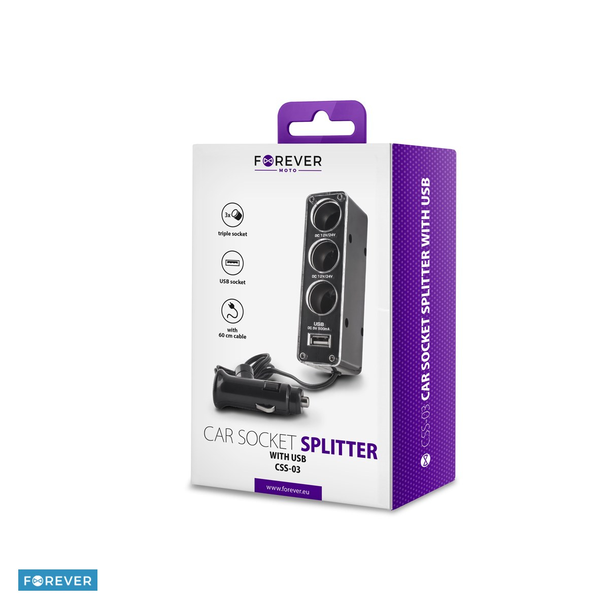 Multiplicator cu 3 brichete auto si un port USB 0.5A, intrare 12V, cablu 60 cm, negru [4]