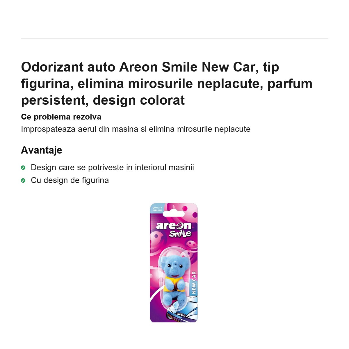 Odorizant auto Areon Smile New Car, tip figurina, elimina mirosurile neplacute, parfum persistent, design colorat [2]