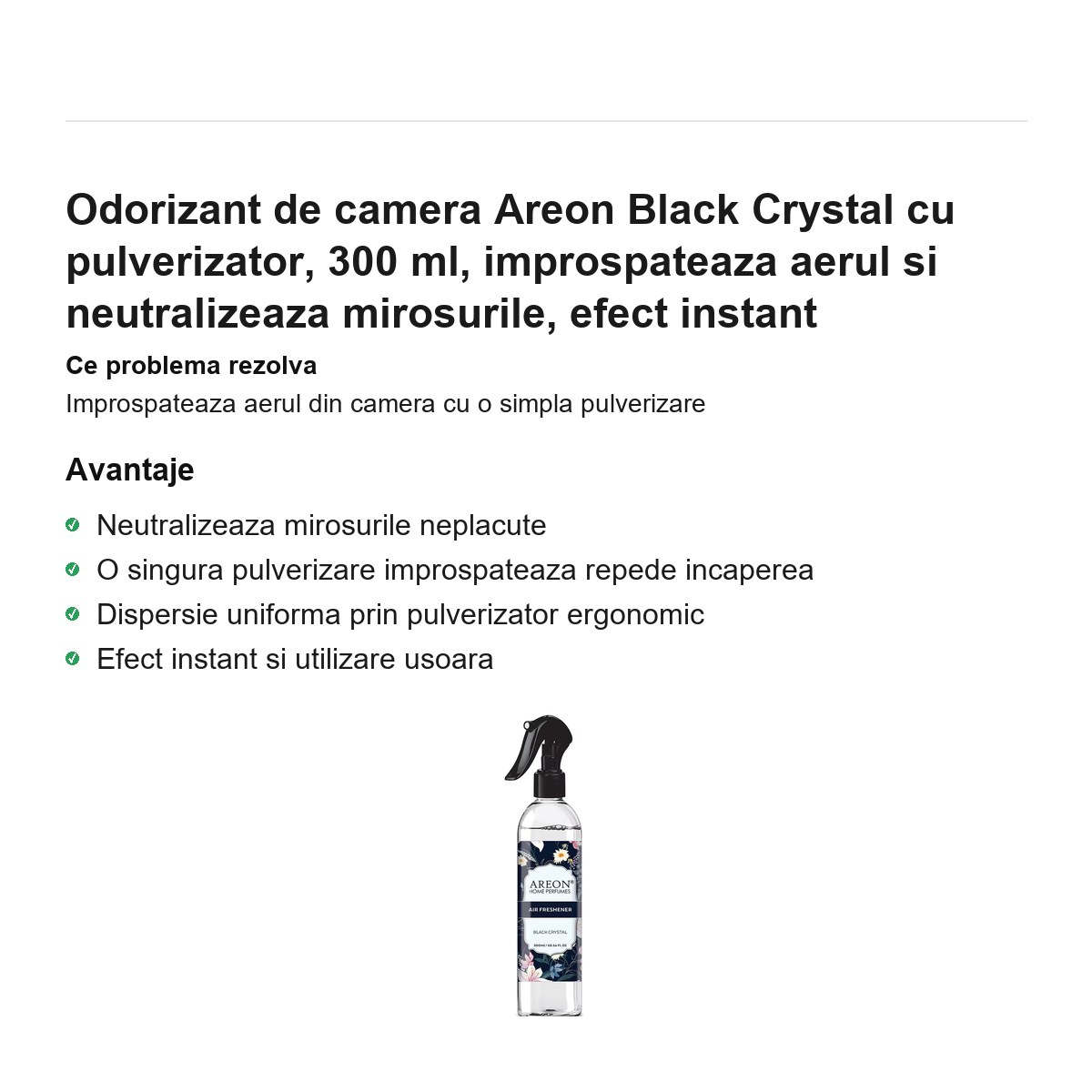 Odorizant de camera Areon Black Crystal cu pulverizator, 300 ml, improspateaza aerul si neutralizeaza mirosurile, efect instant [2]