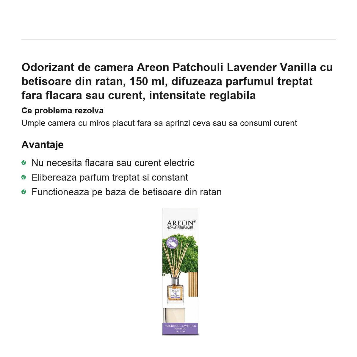 Odorizant de camera Areon Patchouli Lavender Vanilla cu betisoare din ratan, 150 ml, difuzeaza parfumul treptat fara flacara sau curent, intensitate reglabila [2]