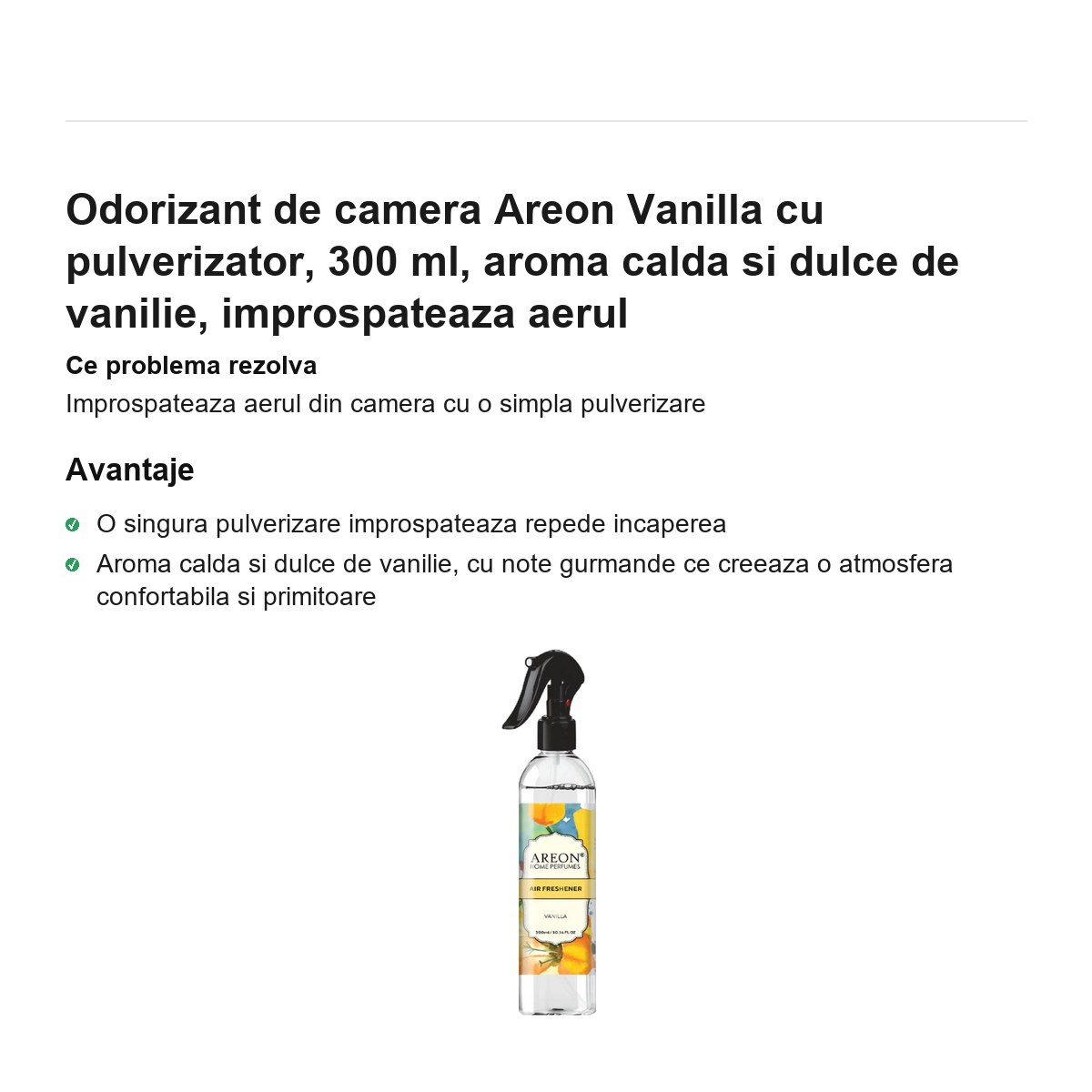 Odorizant de camera Areon Vanilla cu pulverizator, 300 ml, aroma calda si dulce de vanilie, improspateaza aerul [2]