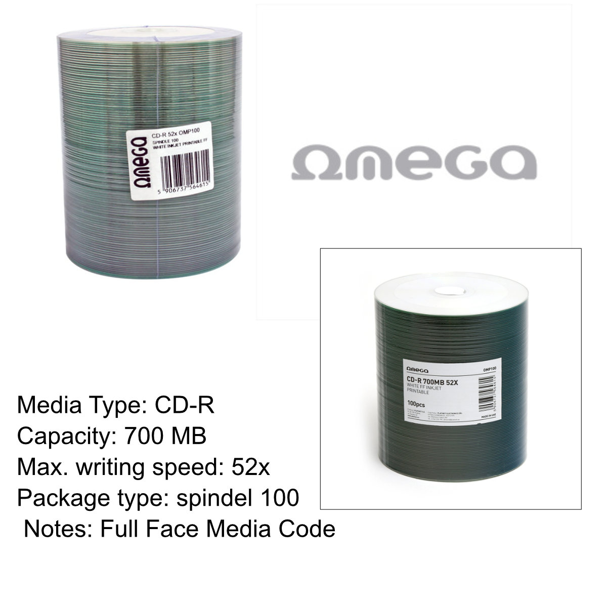OMEGA CD-R 700MB WHITE INKJET PRINTABLE FF 52X SET*100 [56461] [2]