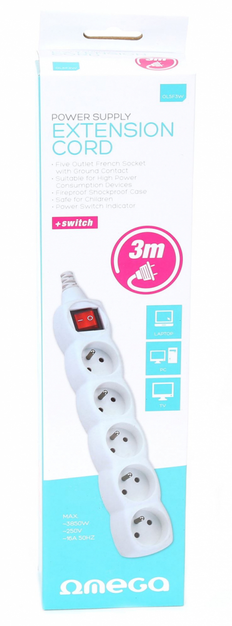 OMEGA POWER SUPPLIER EXTENSION CORD 3,0M 5 , WHITE 41343 [8]