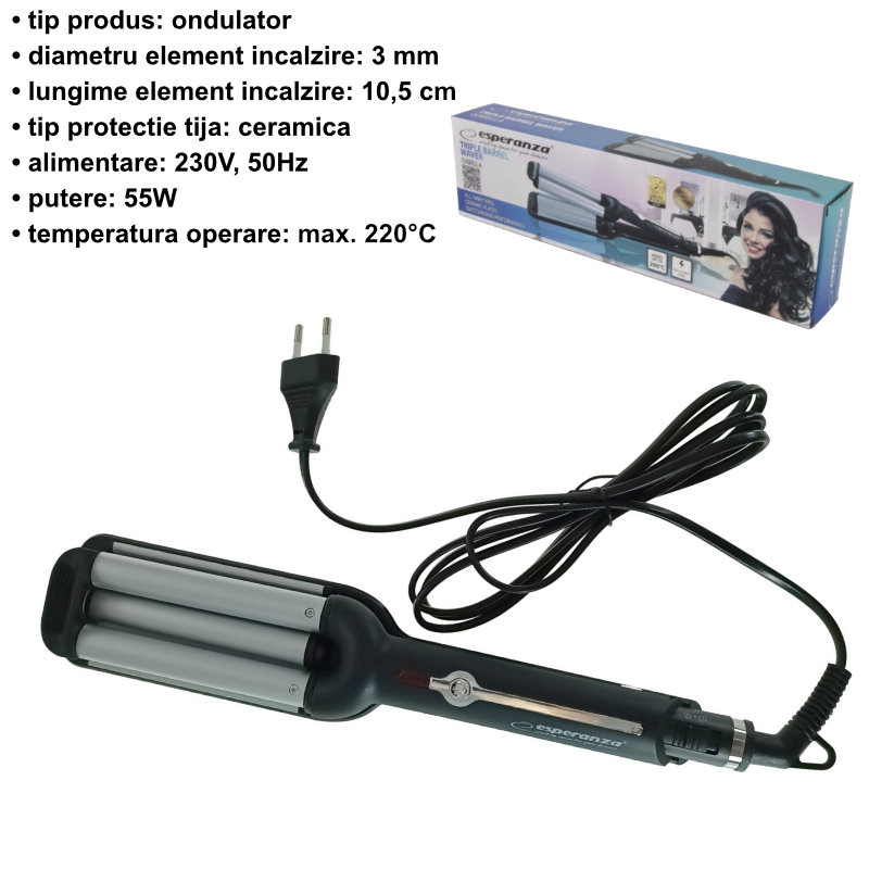 Ondulator de par waver triplu, Esperanza Isabella 94955, 55W, 230V, cablu de 180cm, negru cu gri [7]