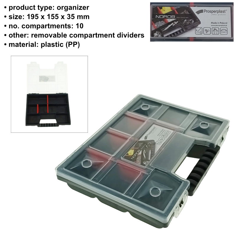 Organizator portabil cu maner, 10 compartimente cu despartitoare detasabile, 195x155x35mm, capac transparent, negru [6]