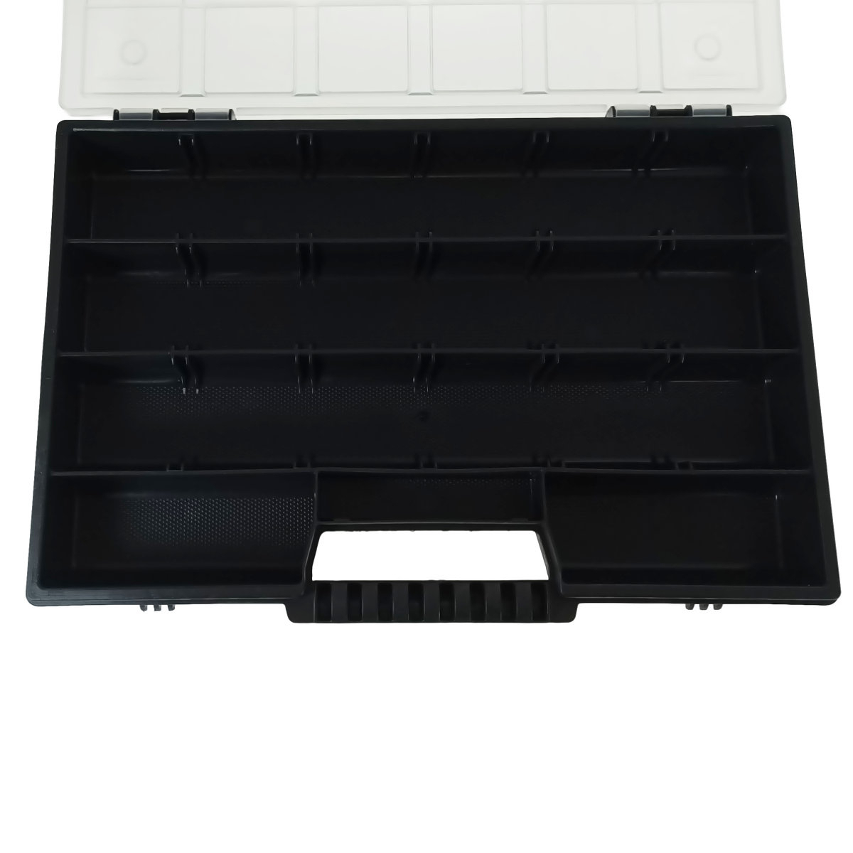 Organizator portabil cu maner, 20 compartimente cu despartitoare detasabile, 290x195x35mm, capac transparent, negru [5]