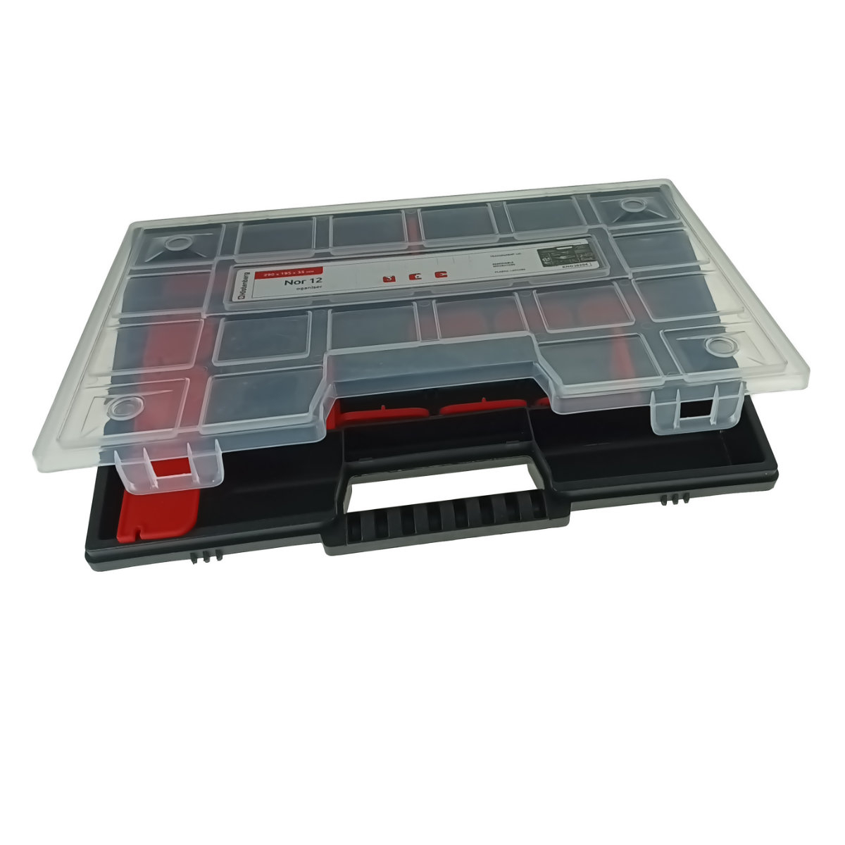 Organizator portabil cu maner, 20 compartimente cu despartitoare detasabile, 290x195x35mm, capac transparent, negru [2]