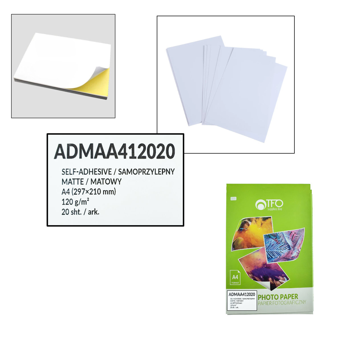 Pachet 20 coli hartie foto autoadeziva A4, 120g/m2, mata, ADMAA412020, TFO Self-Adhesive, albe [2]