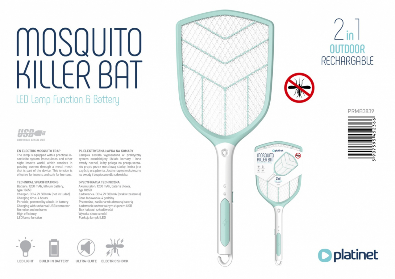 Paleta electrica anti-insecte , Platinet 45236, cu baterie tip 18650 de 1200 mAh, incarcare USB si functie iluminare LED [4]