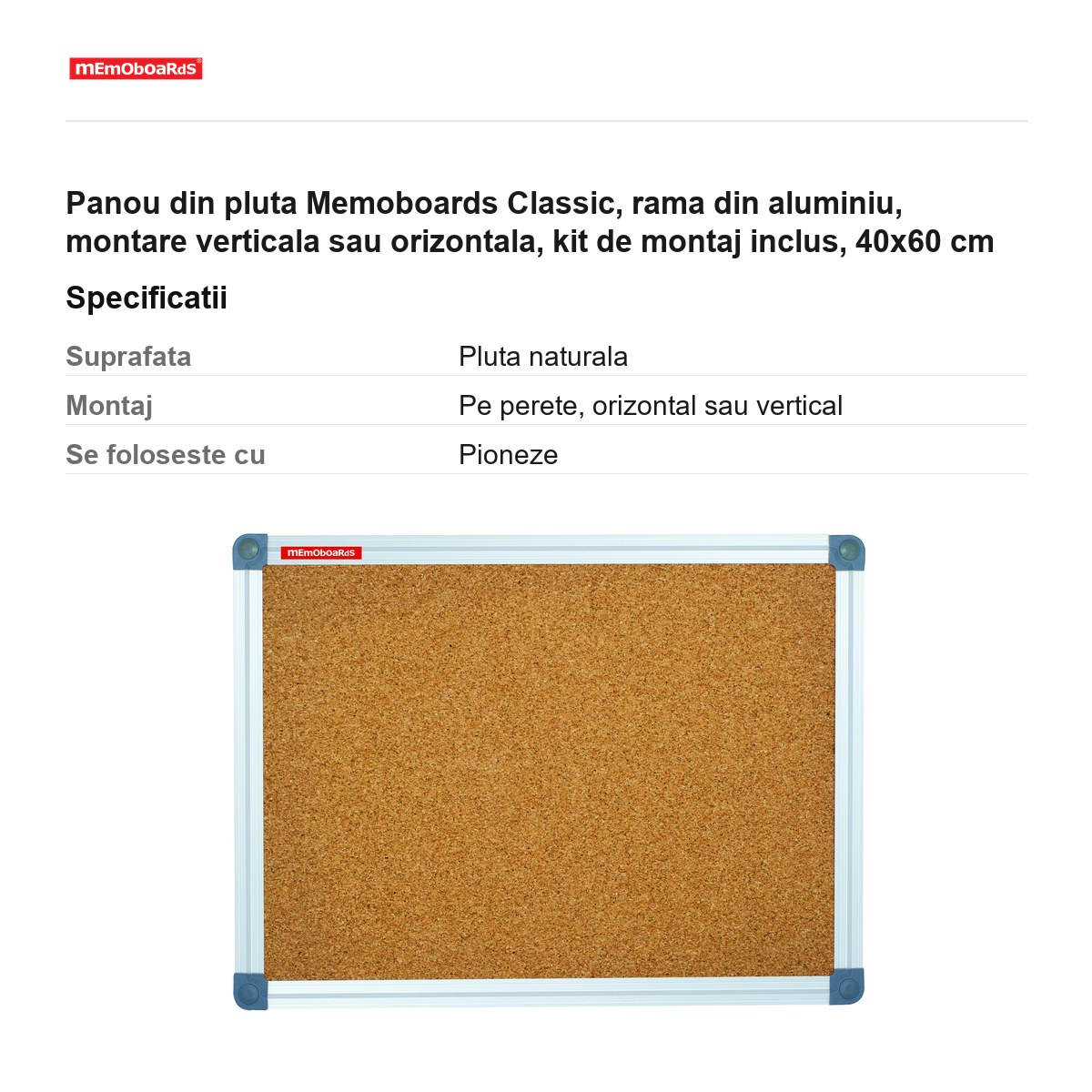 Panou din pluta Memoboards Classic, rama din aluminiu, montare verticala sau orizontala, kit de montaj inclus, 40x60 cm [3]