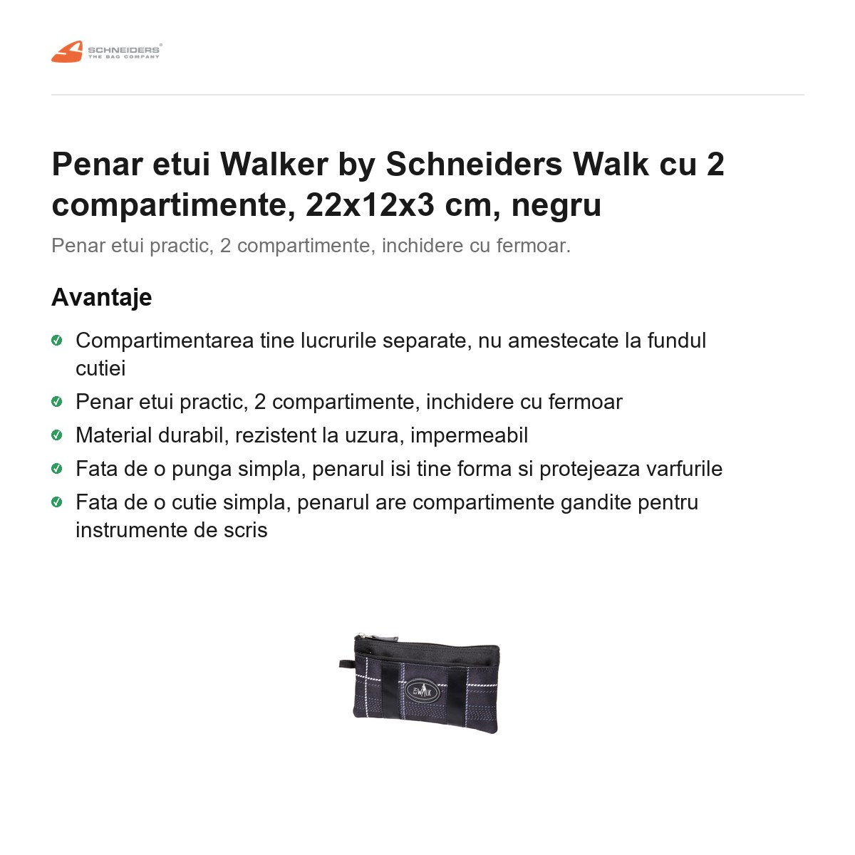 Penar etui Walker by Schneiders Walk cu 2 compartimente, 22x12x3 cm, negru [2]