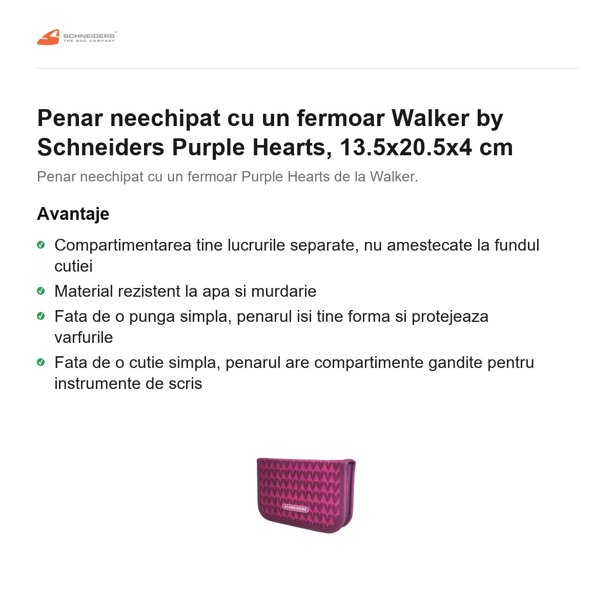 Penar neechipat cu un fermoar Walker by Schneiders Purple Hearts, 13.5x20.5x4 cm [2]