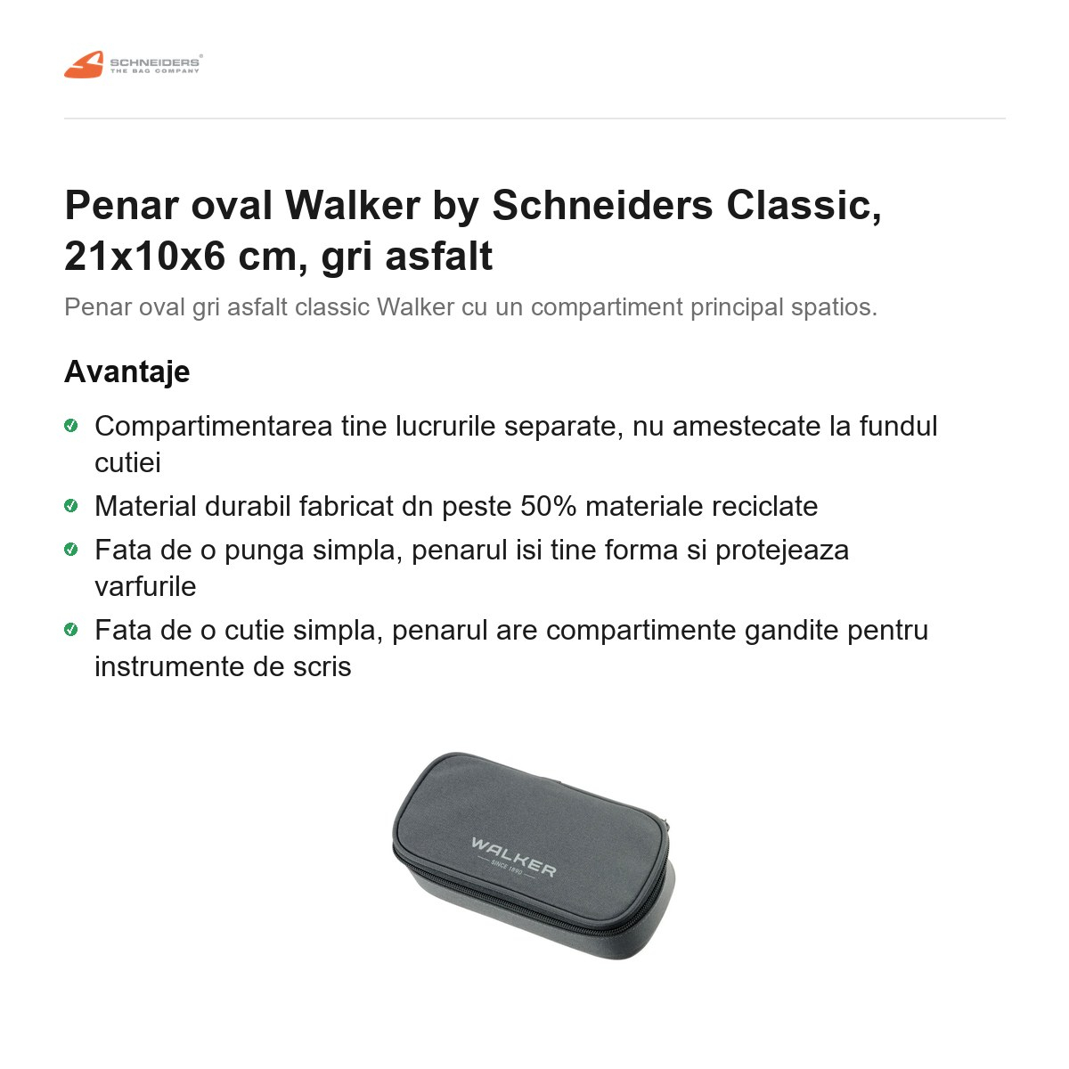 Penar oval Walker by Schneiders Classic, 21x10x6 cm, gri asfalt [2]