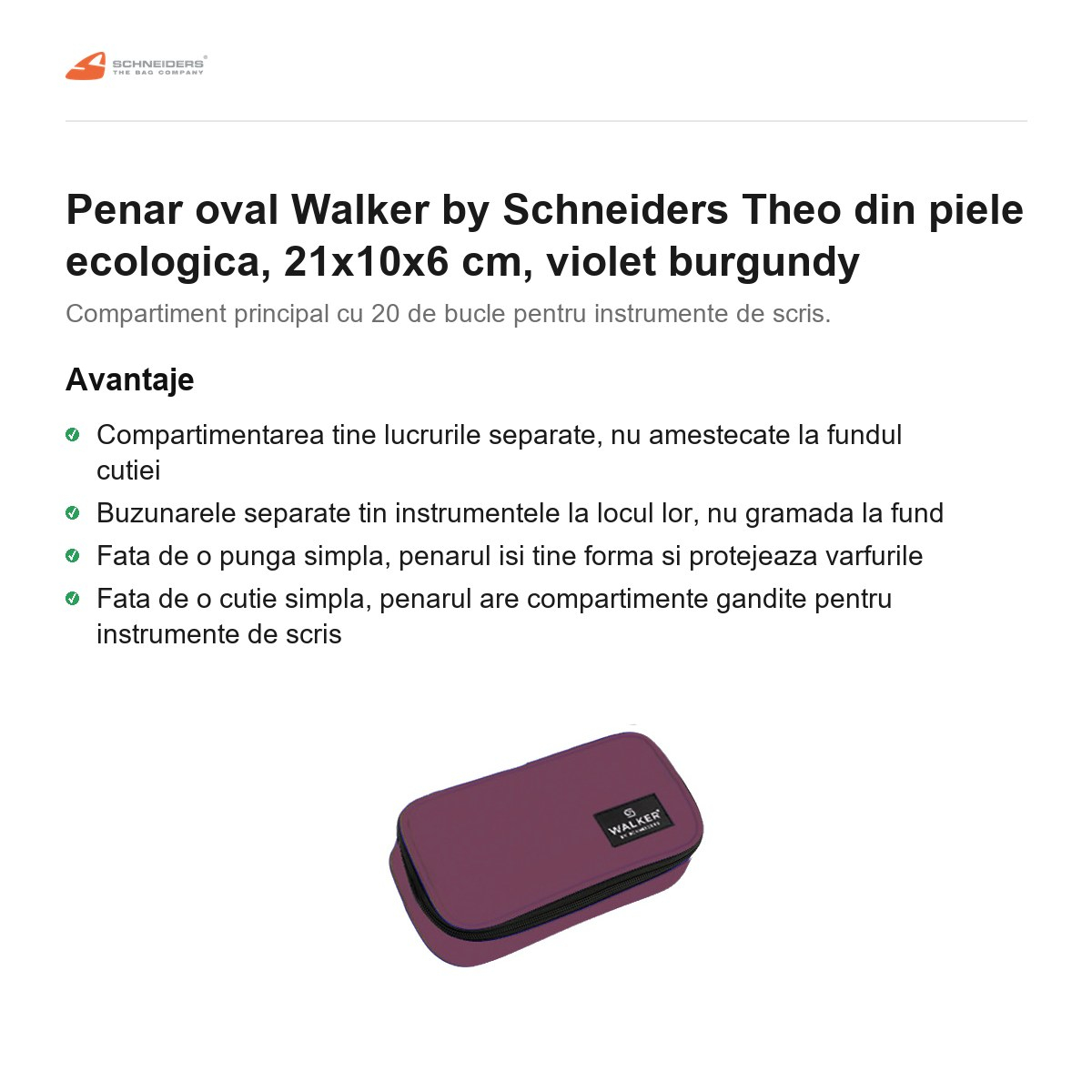 Penar oval Walker by Schneiders Theo din piele ecologica, 21x10x6 cm, violet burgundy [2]