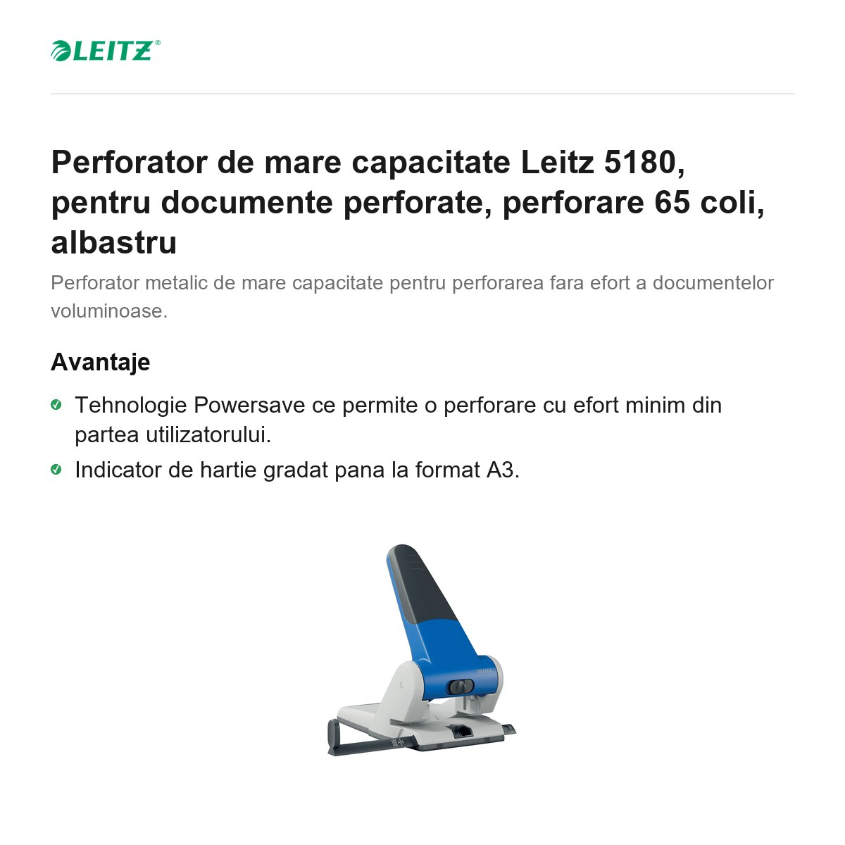 Perforator de mare capacitate Leitz 5180, pentru documente perforate, perforare 65 coli, albastru [2]