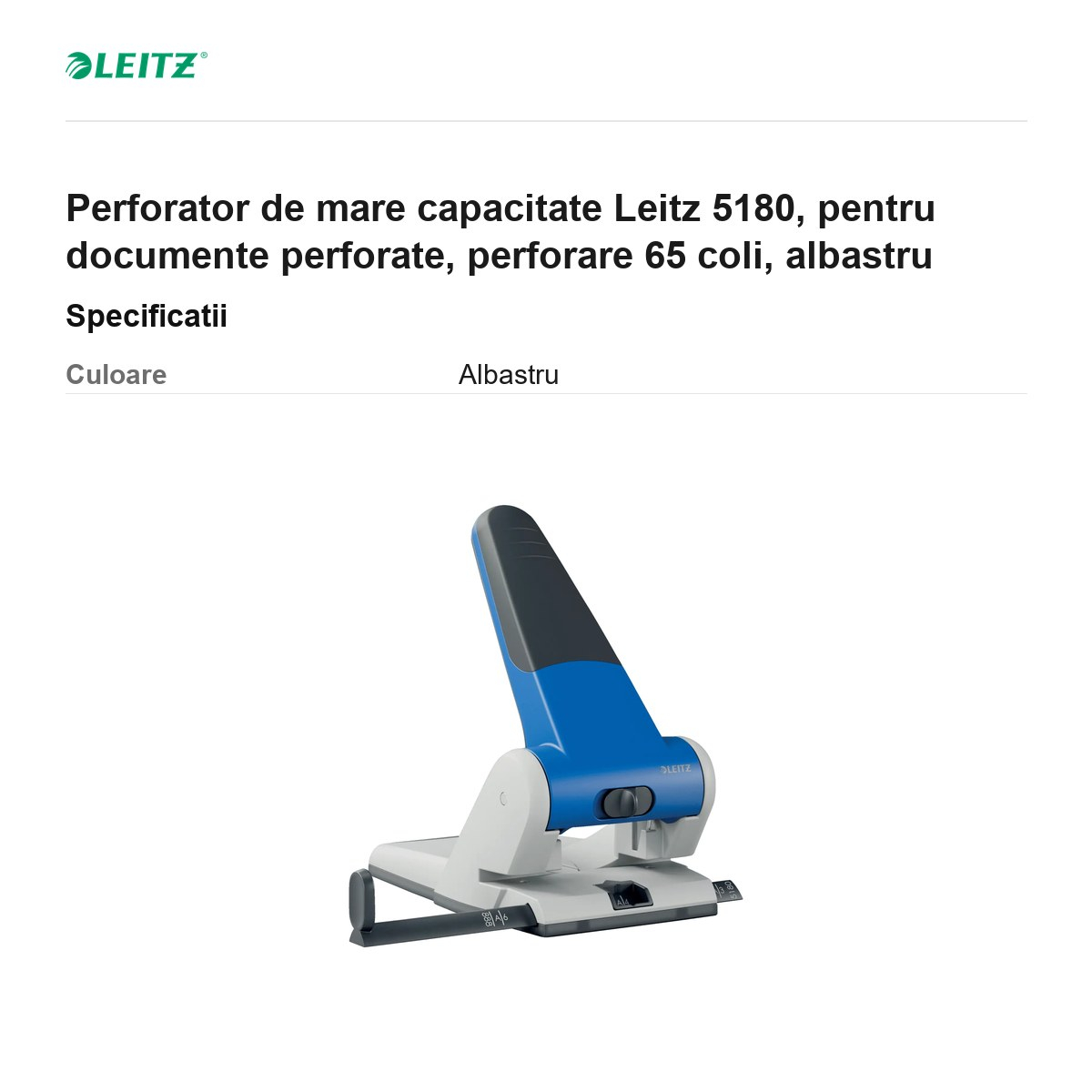 Perforator de mare capacitate Leitz 5180, pentru documente perforate, perforare 65 coli, albastru [3]