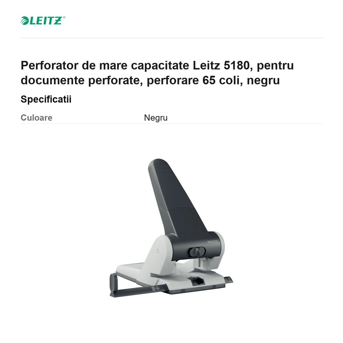 Perforator de mare capacitate Leitz 5180, pentru documente perforate, perforare 65 coli, negru [3]