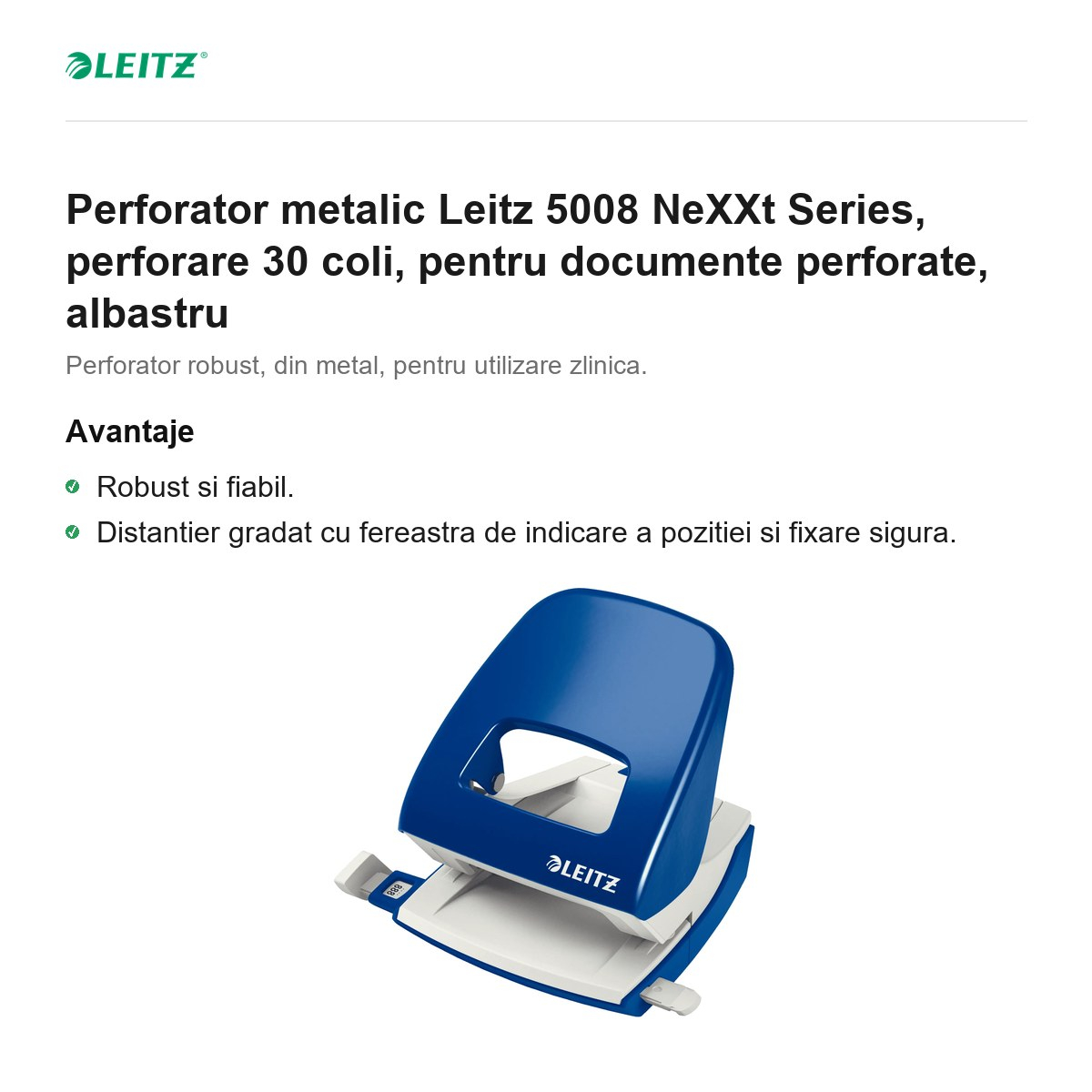 Perforator metalic Leitz 5008 NeXXt Series, perforare 30 coli, pentru documente perforate, albastru [2]