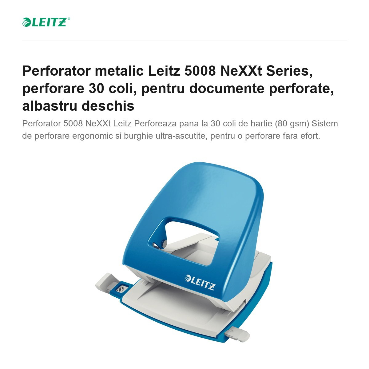 Perforator metalic Leitz 5008 NeXXt Series, perforare 30 coli, pentru documente perforate, albastru deschis [2]
