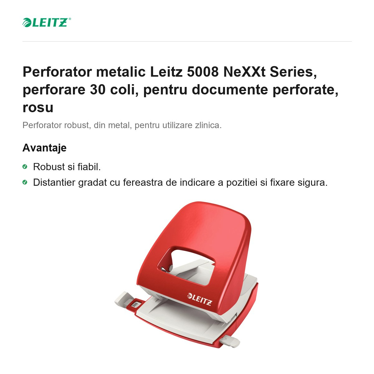 Perforator metalic Leitz 5008 NeXXt Series, perforare 30 coli, pentru documente perforate, rosu [2]
