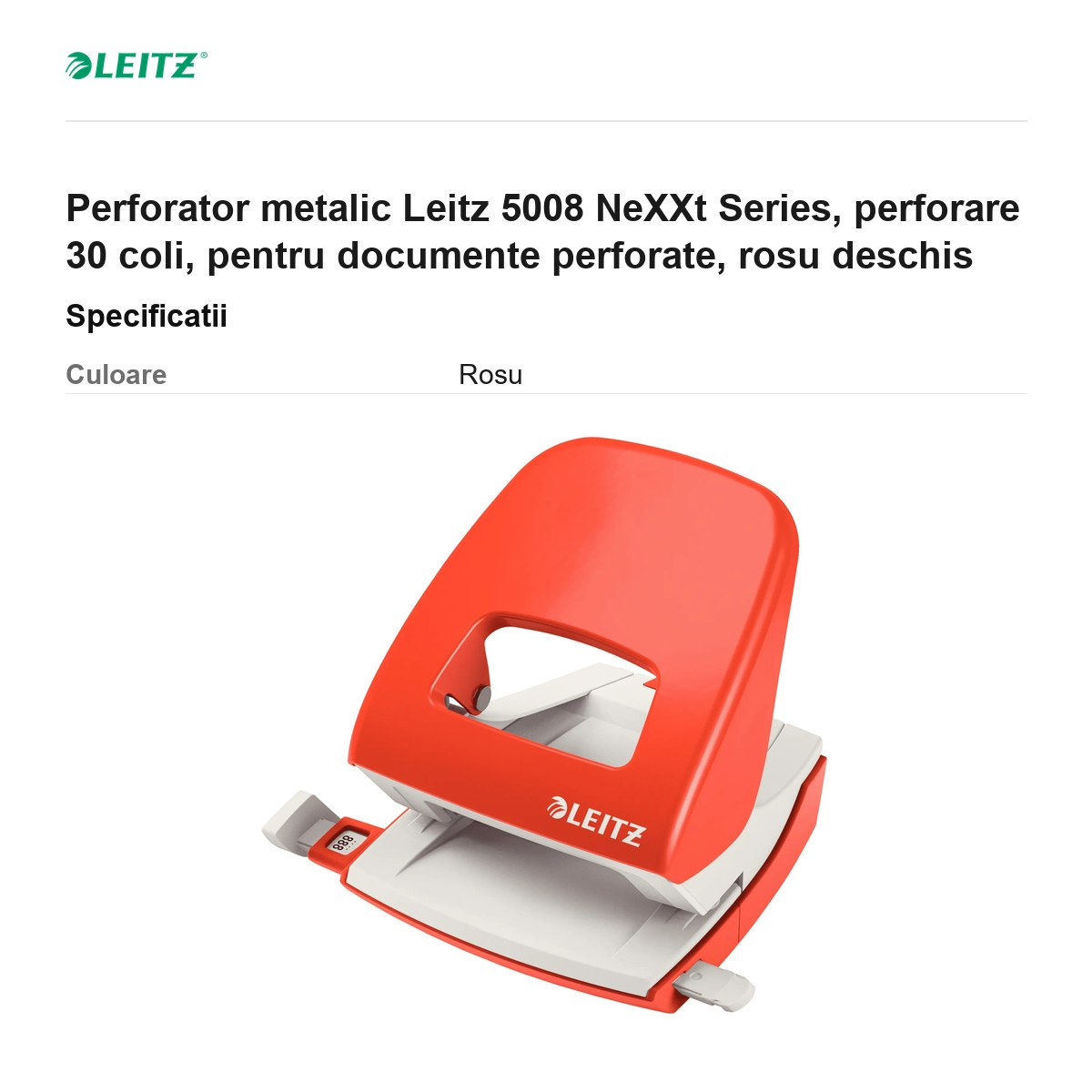 Perforator metalic Leitz 5008 NeXXt Series, perforare 30 coli, pentru documente perforate, rosu deschis [3]