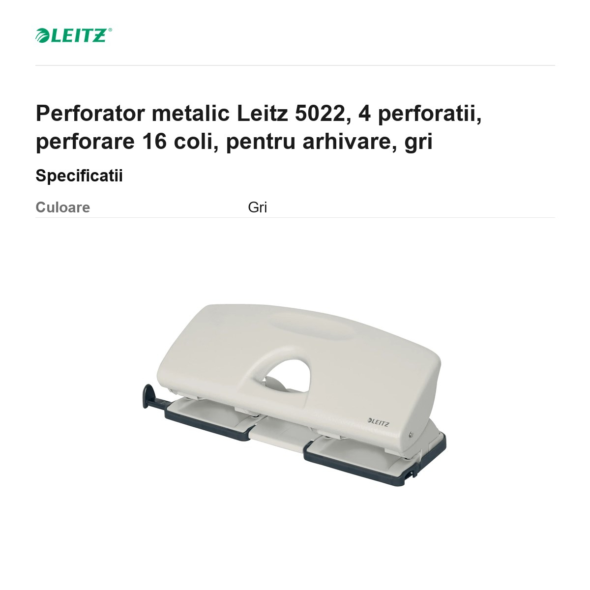 Perforator metalic Leitz 5022, 4 perforatii, perforare 16 coli, pentru arhivare, gri [3]