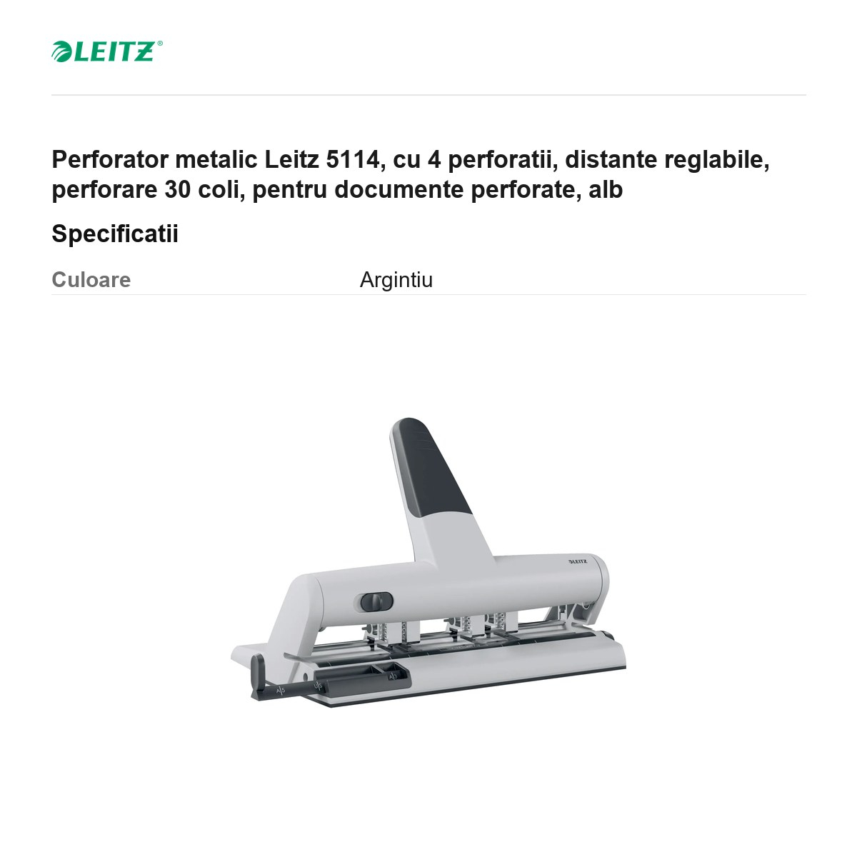 Perforator metalic Leitz 5114, cu 4 perforatii, distante reglabile, perforare 30 coli, pentru documente perforate, alb [3]