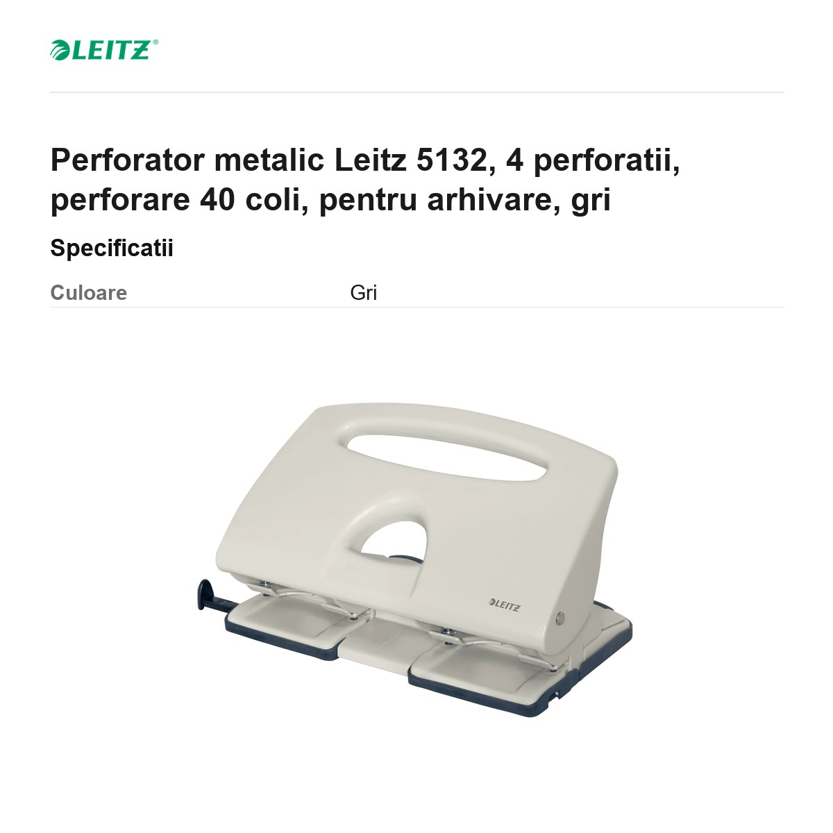 Perforator metalic Leitz 5132, 4 perforatii, perforare 40 coli, pentru arhivare, gri [3]