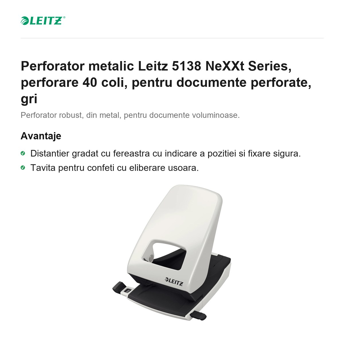 Perforator metalic Leitz 5138 NeXXt Series, perforare 40 coli, pentru documente perforate, gri [2]