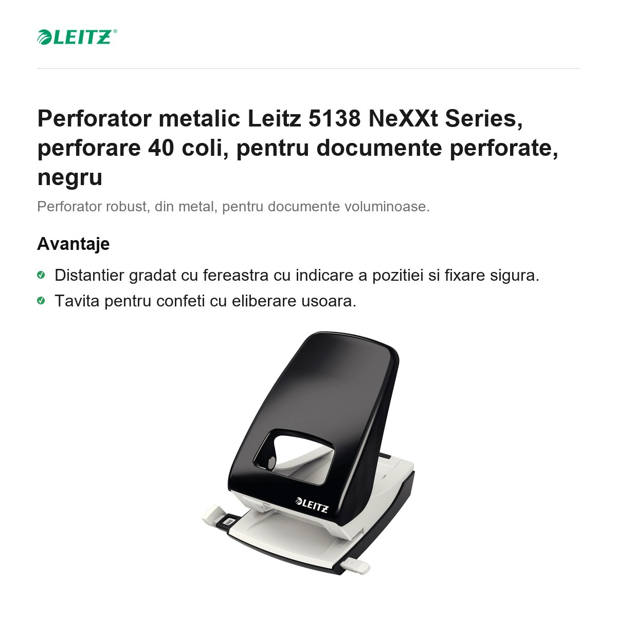 Perforator metalic Leitz 5138 NeXXt Series, perforare 40 coli, pentru documente perforate, negru [2]
