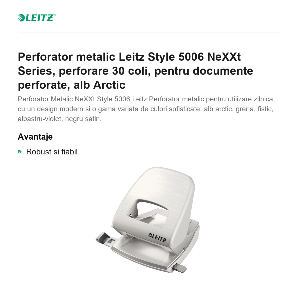 Perforator metalic Leitz Style 5006 NeXXt Series, perforare 30 coli, pentru documente perforate, alb Arctic [2]
