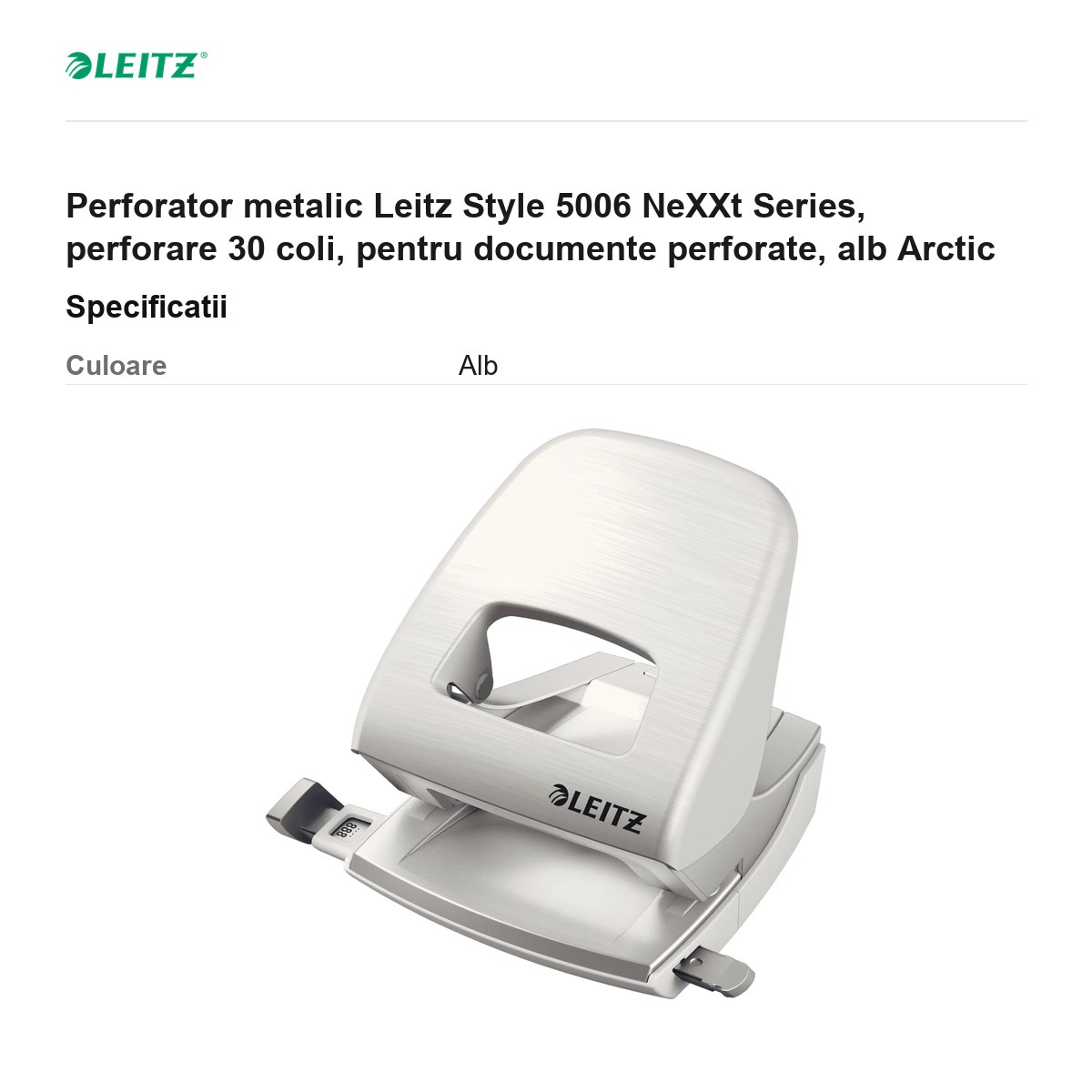Perforator metalic Leitz Style 5006 NeXXt Series, perforare 30 coli, pentru documente perforate, alb Arctic [3]