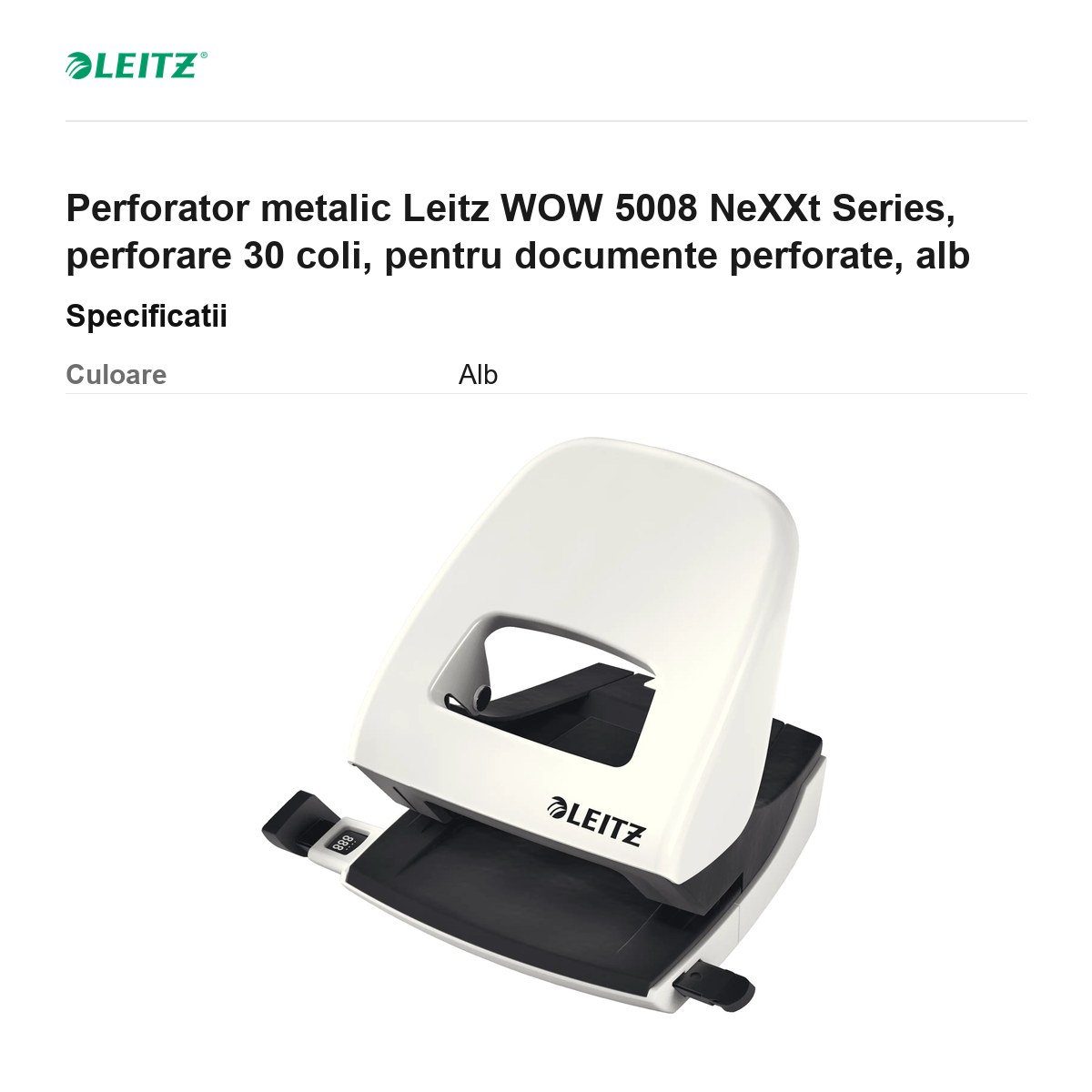 Perforator metalic Leitz WOW 5008 NeXXt Series, perforare 30 coli, pentru documente perforate, alb [3]