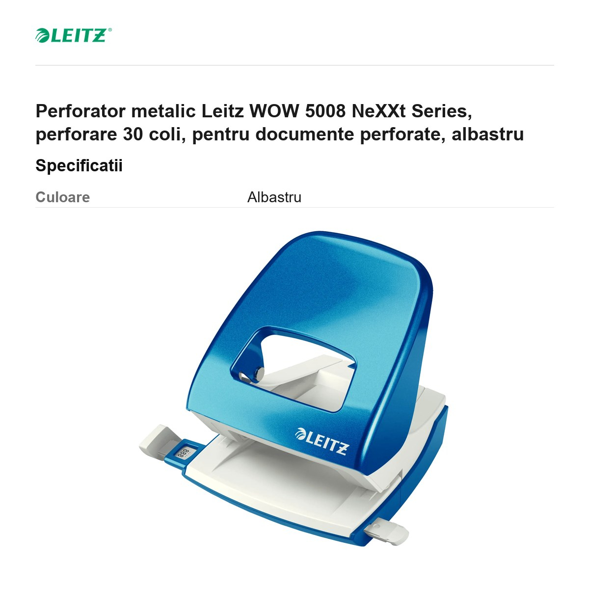 Perforator metalic Leitz WOW 5008 NeXXt Series, perforare 30 coli, pentru documente perforate, albastru [3]