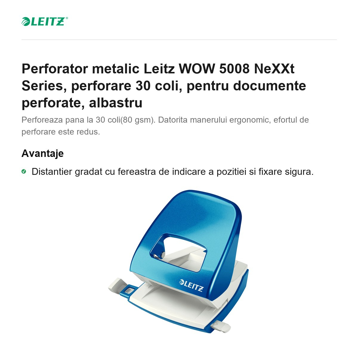 Perforator metalic Leitz WOW 5008 NeXXt Series, perforare 30 coli, pentru documente perforate, albastru [2]