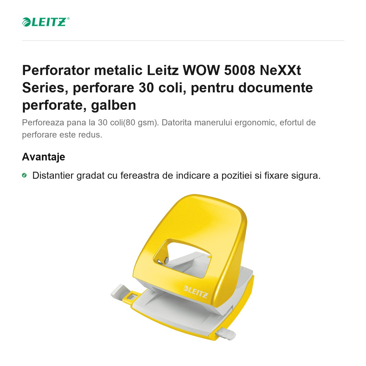 Perforator metalic Leitz WOW 5008 NeXXt Series, perforare 30 coli, pentru documente perforate, galben [2]