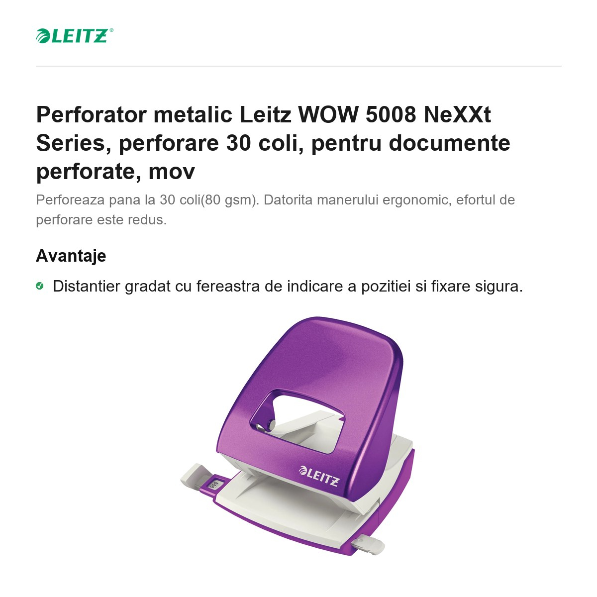 Perforator metalic Leitz WOW 5008 NeXXt Series, perforare 30 coli, pentru documente perforate, mov [2]