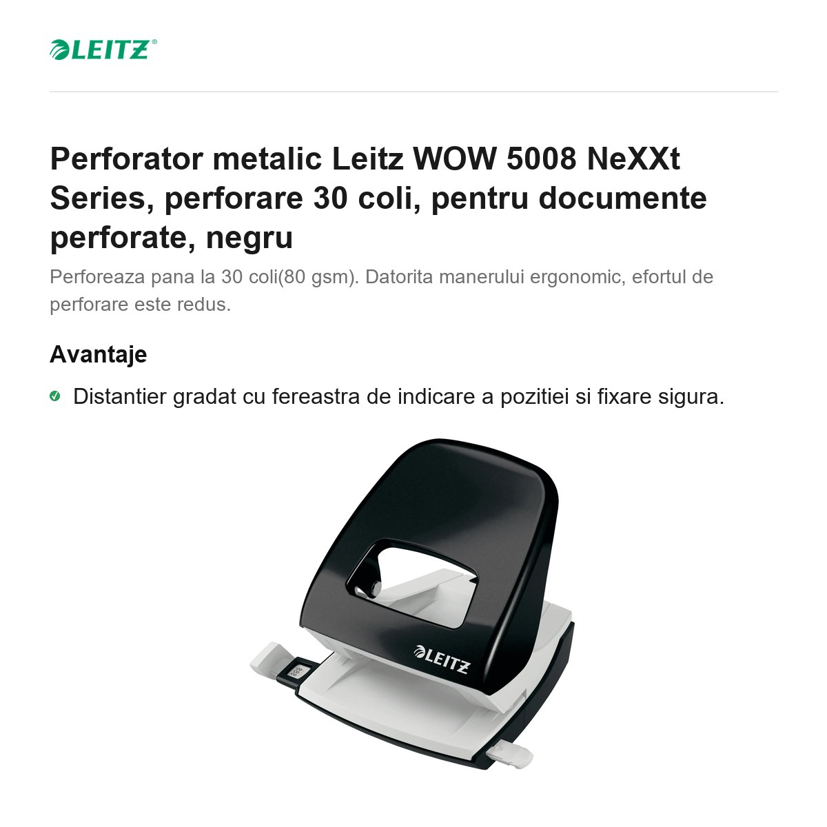 Perforator metalic Leitz WOW 5008 NeXXt Series, perforare 30 coli, pentru documente perforate, negru [2]