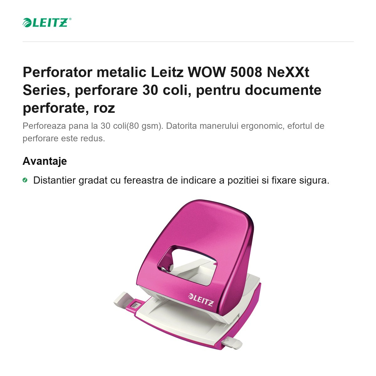 Perforator metalic Leitz WOW 5008 NeXXt Series, perforare 30 coli, pentru documente perforate, roz [2]